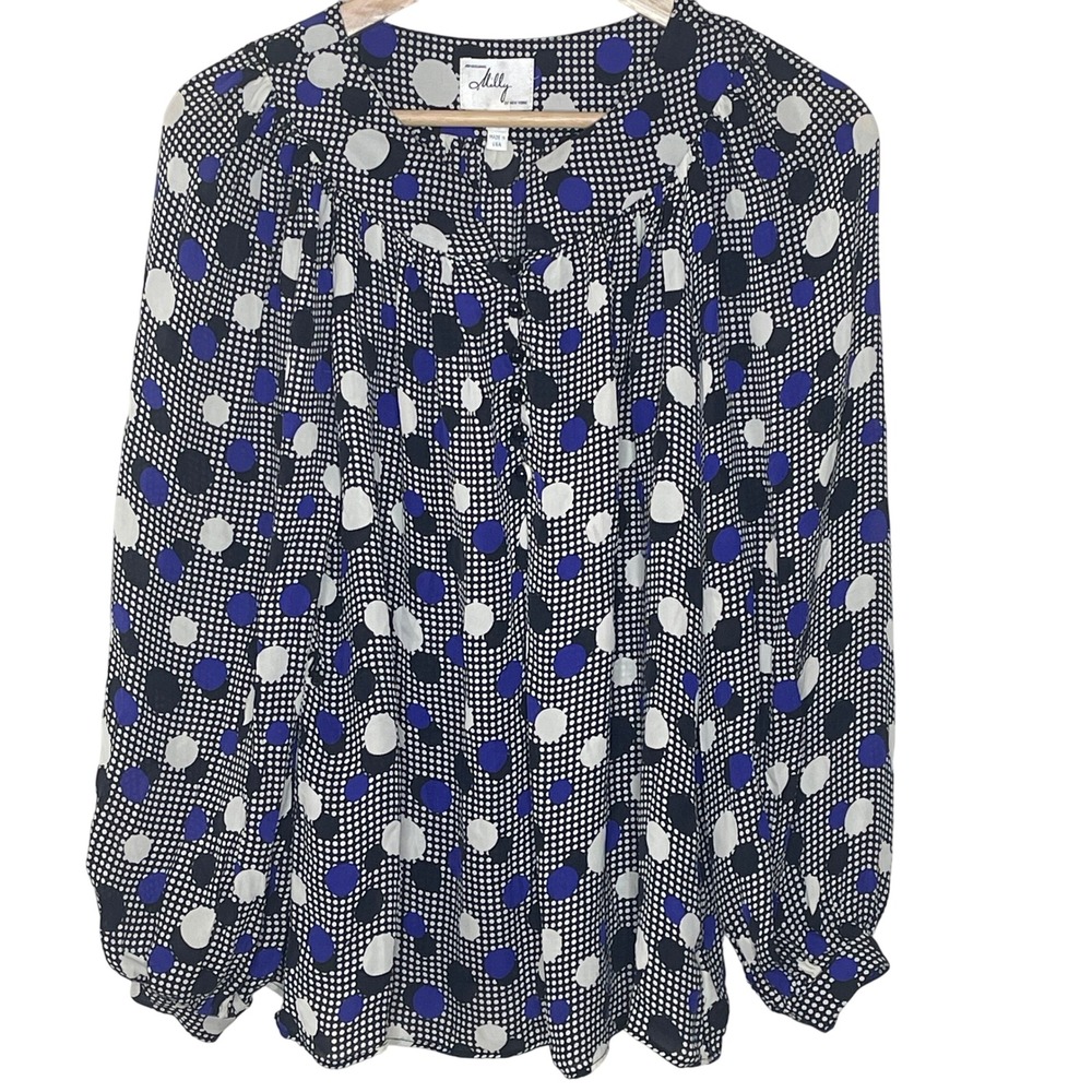 Milly Of New York Polka Dot Silk ‎ Blouse Women Size 4 Blue White Black